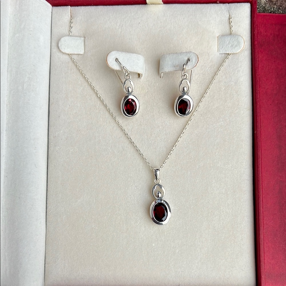 Coldwater Creek Oval Garnet Sterling Silver Gemstone Necklace & Earrings Set